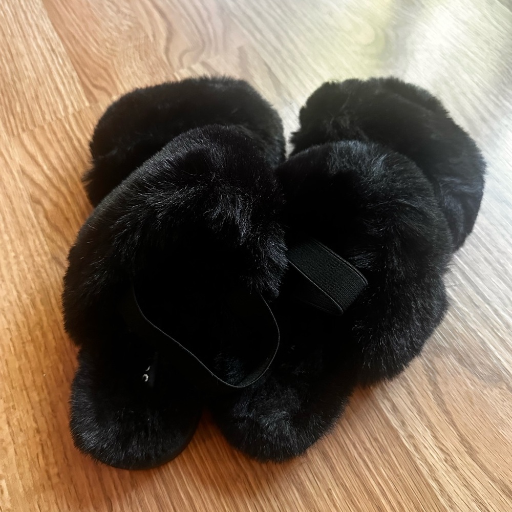 Sun + Stone Black Furry Slippers